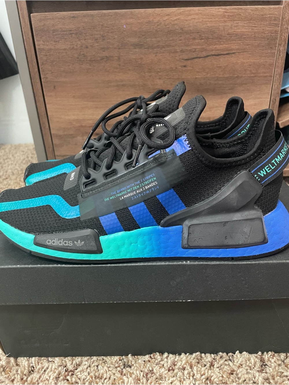 adidas NMD Black Sneakers with Teal & Blue Accents- NMD R1.V2 - Picture 2 of 9